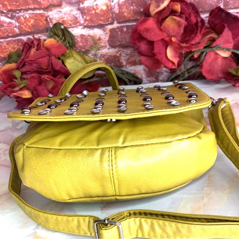 Lemon Citron Studded Rhinestone Soft Leather Crossbody Bag - Picture 13 of 14